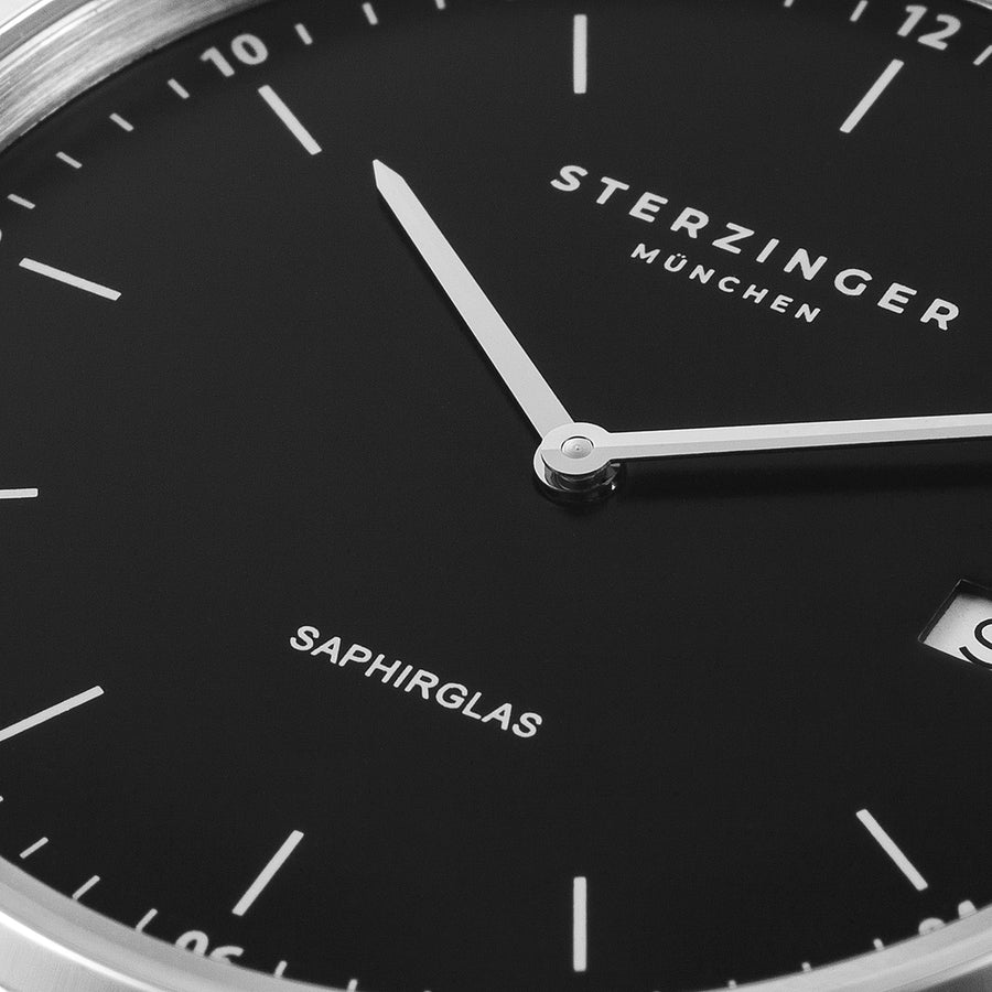 Herren Quarzuhr silber Echtleder, Made in Italy schwarz