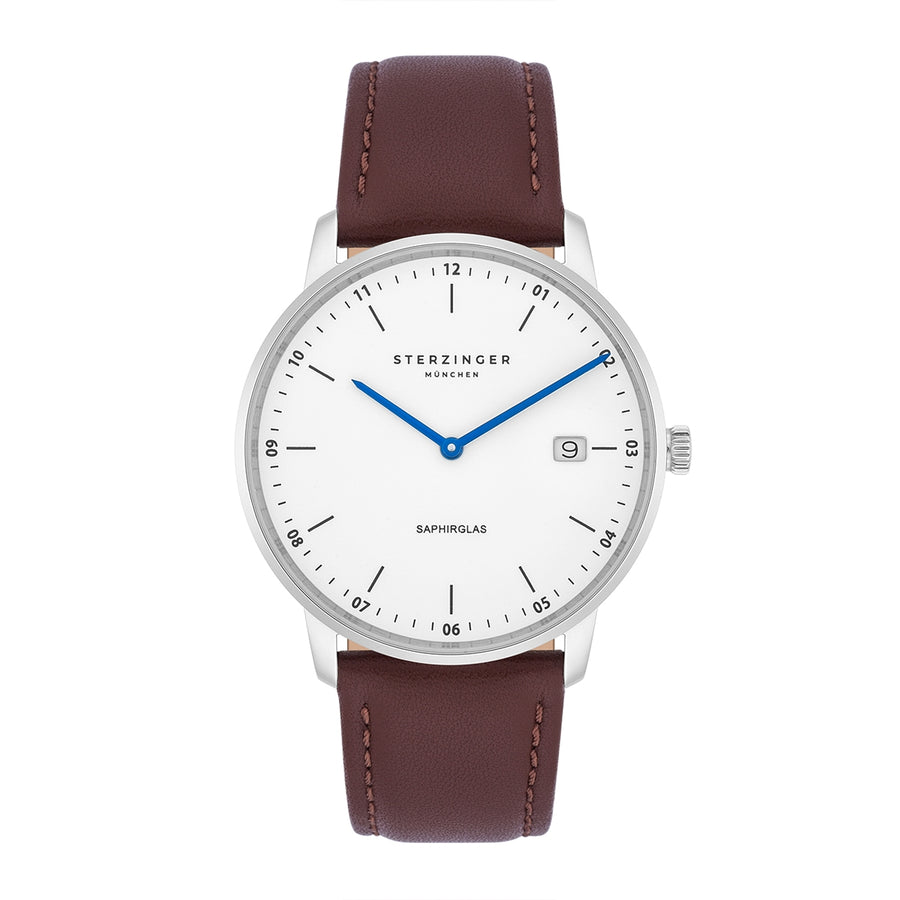 Herren Quarzuhr silber Echtleder, Made in Italy braun