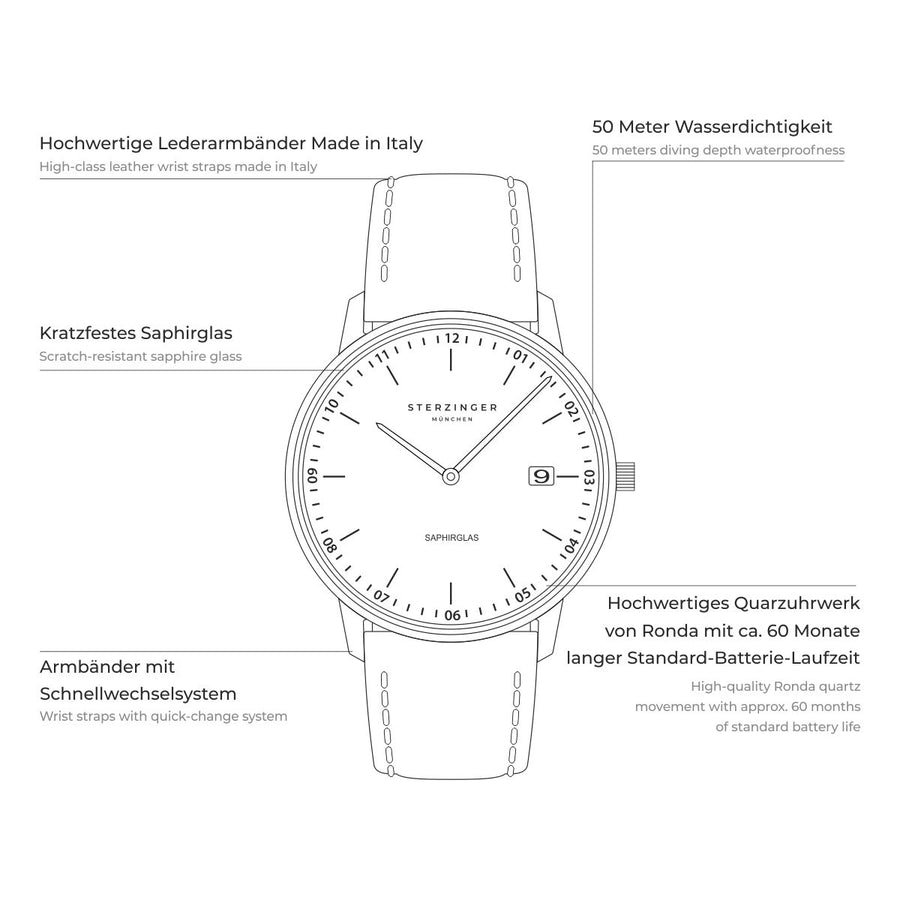 Herren Quarzuhr silber Echtleder, Made in Italy braun