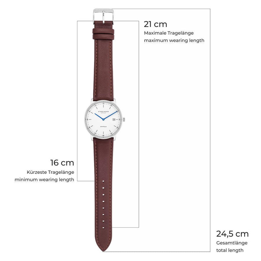 Herren Quarzuhr silber Echtleder, Made in Italy braun