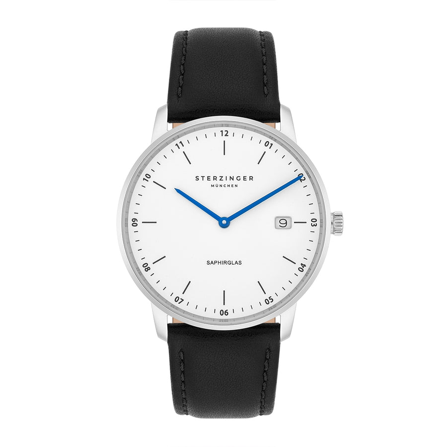 Herren Quarzuhr silber Echtleder, Made in Italy schwarz
