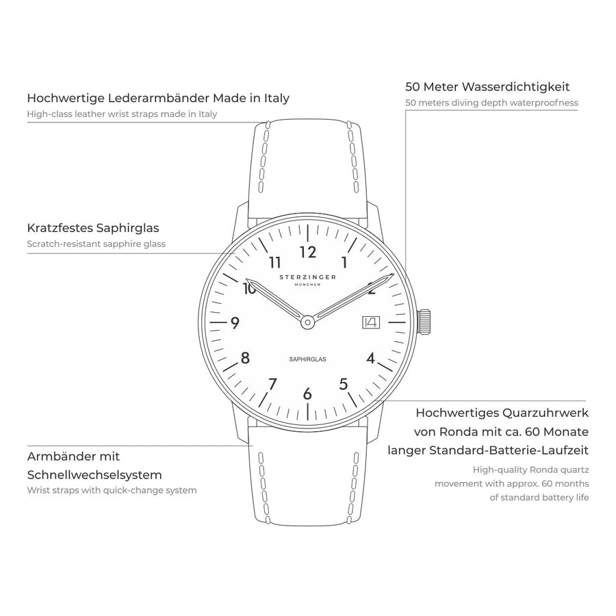 Herren Quarzuhr grau Echtleder, Made in Italy anthrazit